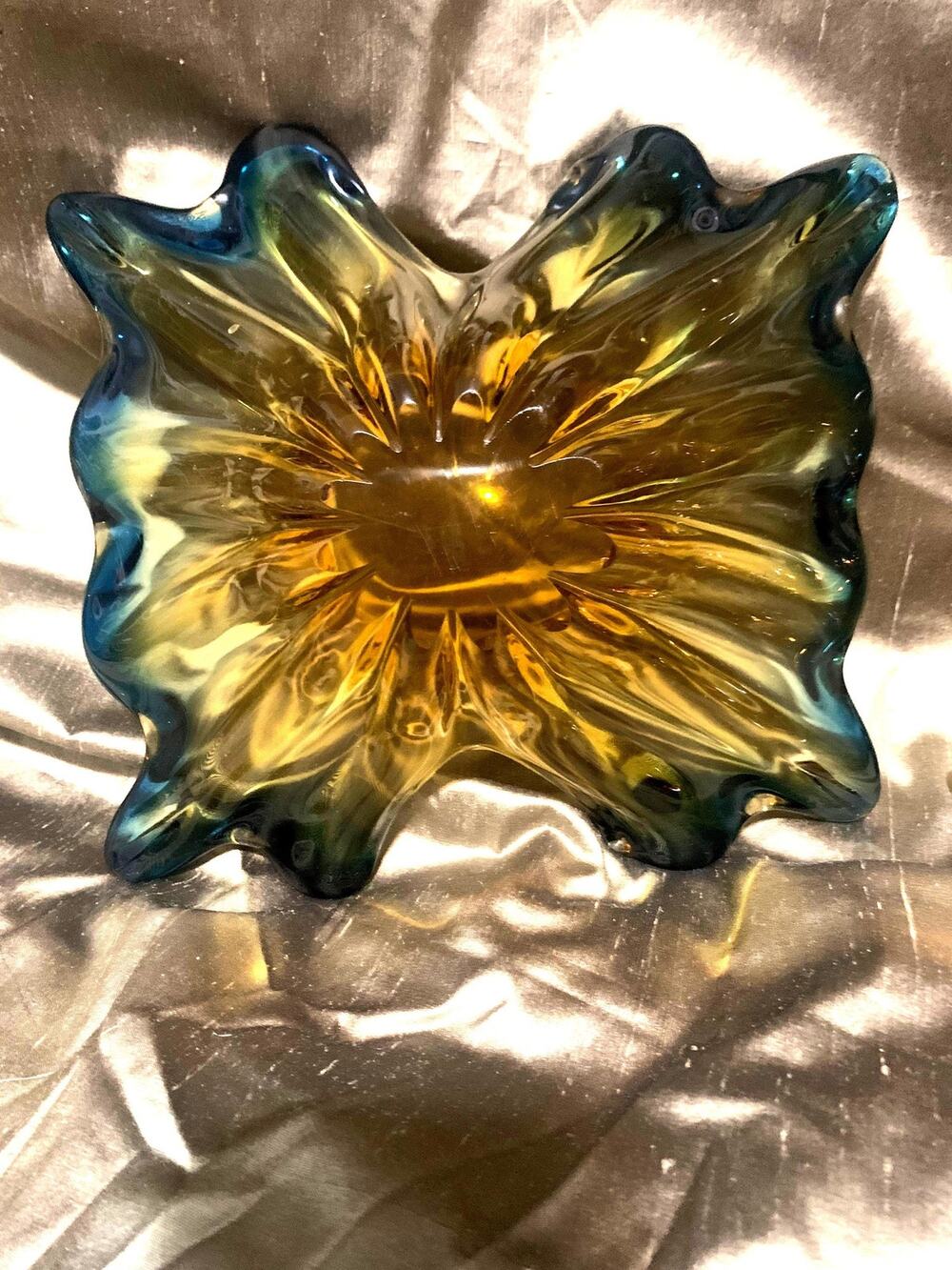 Heavy Glass Candy Dish: Blue & Gold Centerpiece